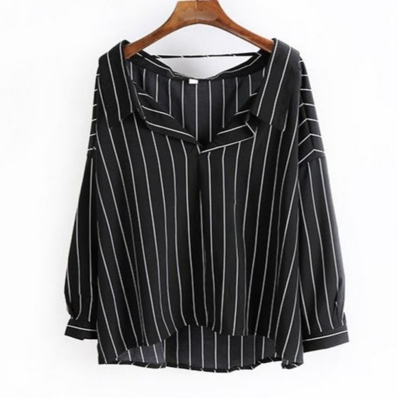 Black Oversized Striped Casual Office Blouse Shirt - Picture 6 of 8